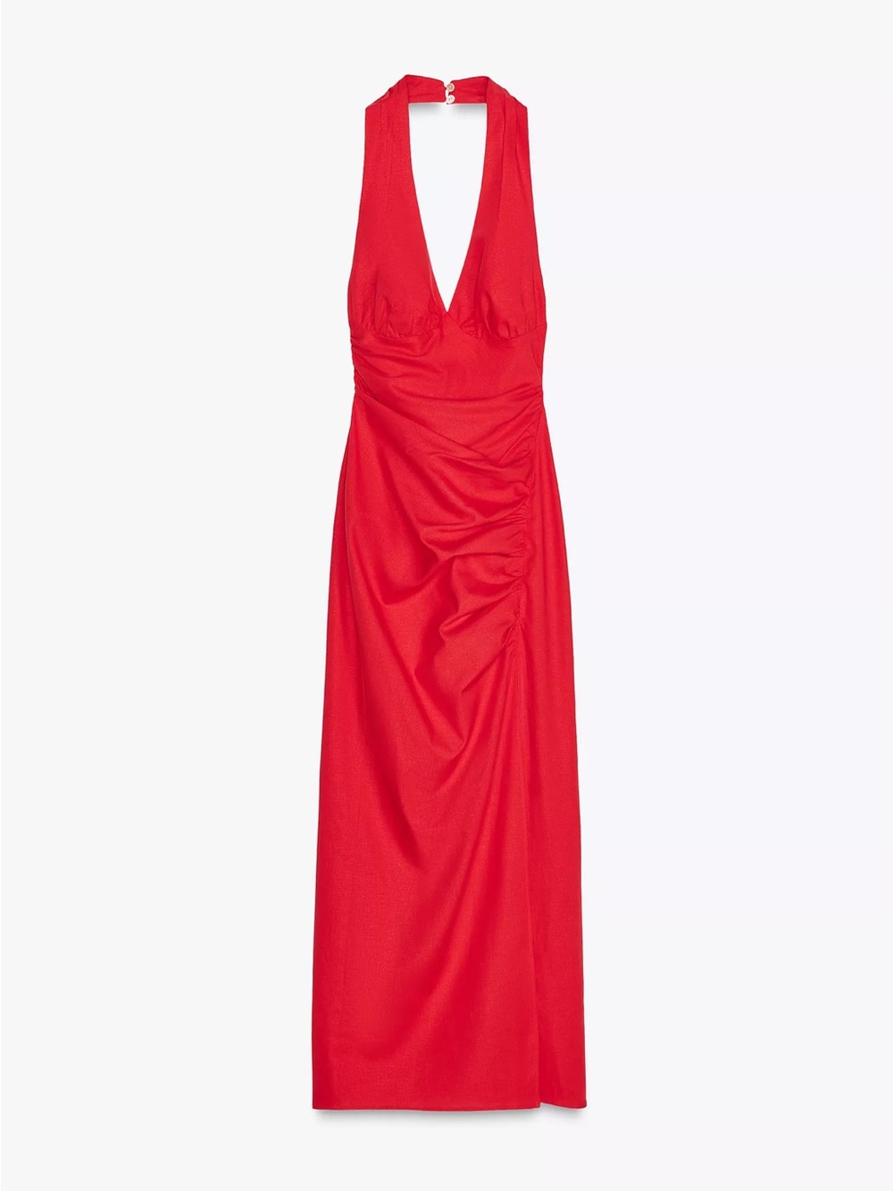 Zara Red Halter Ruched Maxi Dress